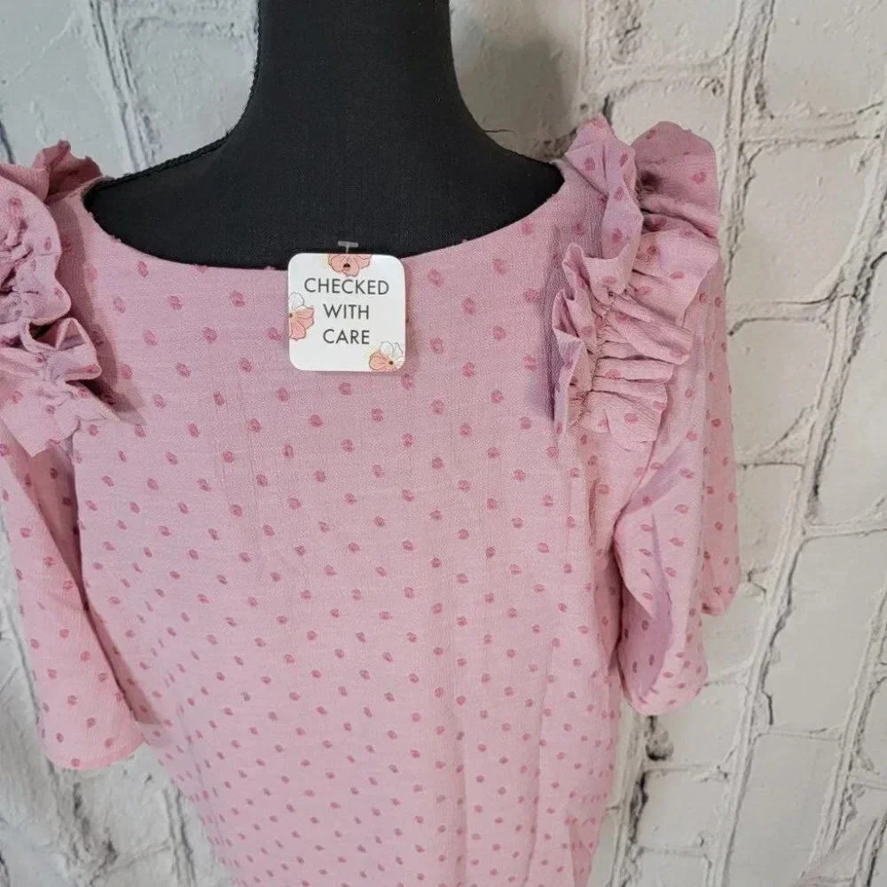 BLUSH Bell Sleeve Pink Swiss Dot Dressy Blouse with Ruffle Detail Womens L NWT - Picture 6 of 8